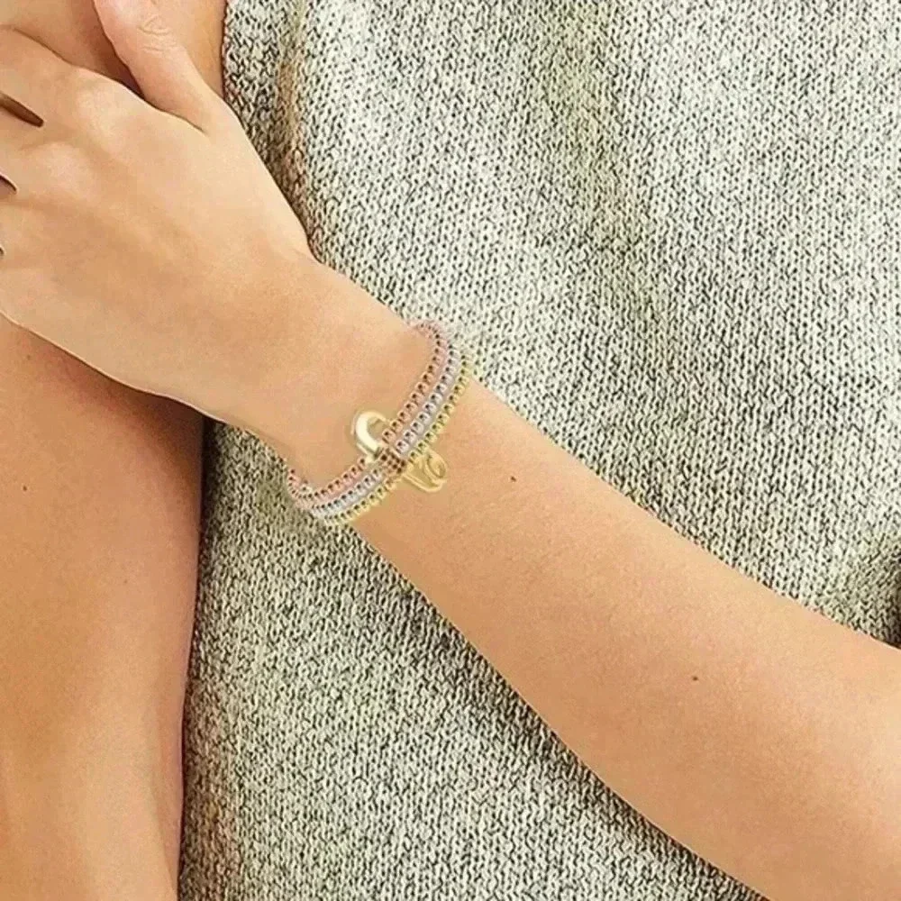 Pretty 3 Tone Beaded Stretch Bracelets Safety Pin Charm NWT